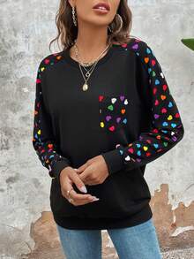 SHEIN LUNE Sudadera con estampado de corazón de manga raglán - Negro - Ver 3