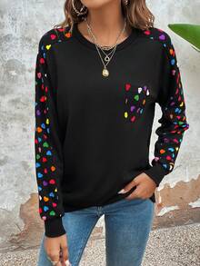 SHEIN LUNE Sudadera con estampado de corazón de manga raglán - Negro - Ver 5
