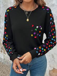 SHEIN LUNE Sudadera con estampado de corazón de manga raglán - Negro - Ver 6