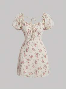 SHEIN MOD 碎花褶邊前打結泡泡袖連衣裙 - 彩色 - 查看 1