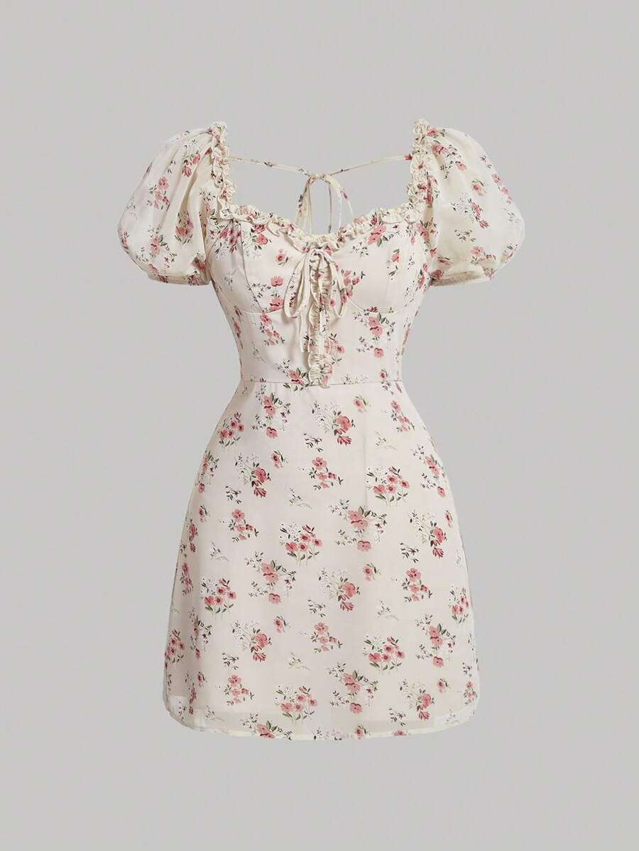 SHEIN MOD 碎花褶邊前打結泡泡袖連衣裙 - 彩色 - 查看 1