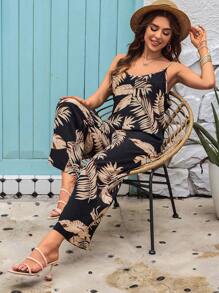 AAmilife Tropical Print Slant Pocket Cami Jumpsuit
