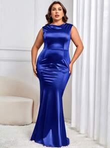 MUXXN Plus Draped Collar Mermaid Hem Satin Dress - Royal Blue - View 1
