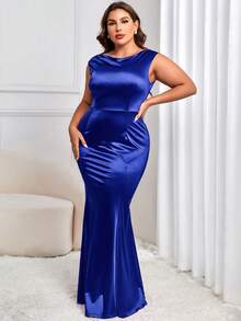 MUXXN Plus Draped Collar Mermaid Hem Satin Dress - Royal Blue - View 4