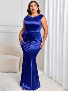 MUXXN Plus Draped Collar Mermaid Hem Satin Dress - Royal Blue - View 5