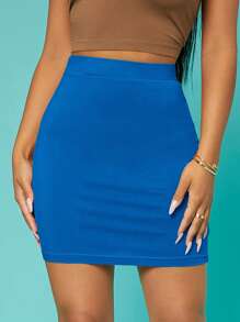 Solid Bodycon Skirt - Màu xanh lam - Xem 1