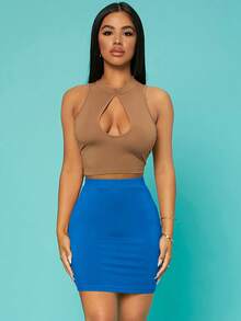 Solid Bodycon Skirt - Màu xanh lam - Xem 3