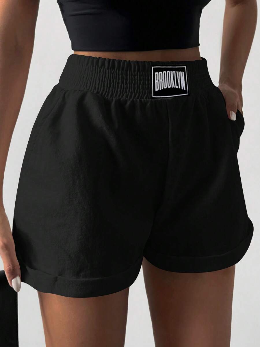 RueChic Letter Patched Slant Pocket Shorts - Black - View 1