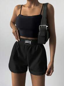 RueChic Letter Patched Slant Pocket Shorts - Black - View 4