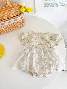 Đứa bé gái In hoa Lưới tương phản Ống tay áo Áo liền quần chặt - Màu be - Xem 1