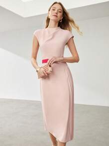 MOTF PREMIUM Vestido medio con cinturón fruncido - Rosa coral - Ver 8