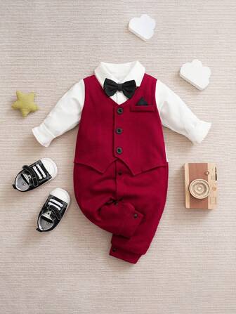 Yierying Blue Color, Gentleman Style With Buttoned Front Faux Shirt (, High Comfort, Alkali-Resistant), Detachable Bow Tie, Khaki Gentleman Outfit