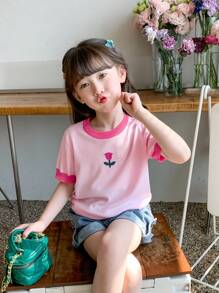 Young Girl Floral Embroidery Contrast Trim Tee - Pink - View 1
