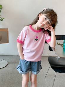 Young Girl Floral Embroidery Contrast Trim Tee - Pink - View 4