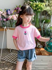Young Girl Floral Embroidery Contrast Trim Tee - Pink - View 5