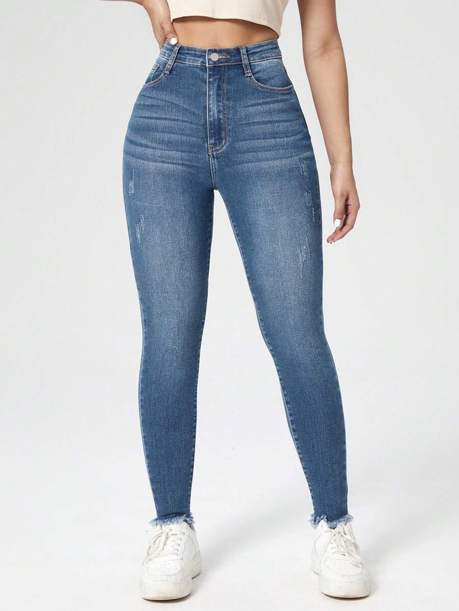 EURMUSE High Waist Cat Scratch Raw Hem Skinny Jeans - Medium Wash - View 1