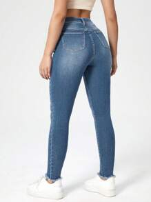 EURMUSE High Waist Cat Scratch Raw Hem Skinny Jeans - Medium Wash - View 2