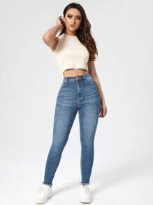 EURMUSE High Waist Cat Scratch Raw Hem Skinny Jeans - Medium Wash - View 3