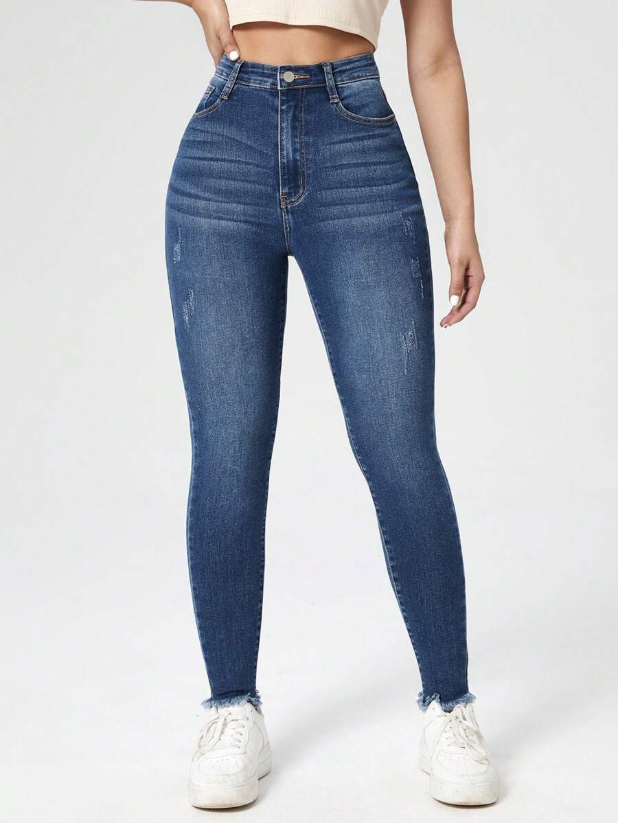 SHEIN Cottnline High Waist Raw Hem Skinny Jeans - Blue - View 1