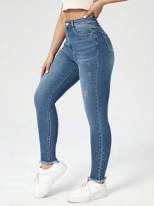 EURMUSE High Waist Cat Scratch Raw Hem Skinny Jeans - Medium Wash - View 5