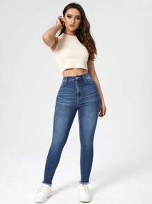 SHEIN Cottnline High Waist Raw Hem Skinny Jeans - Blue - View 4