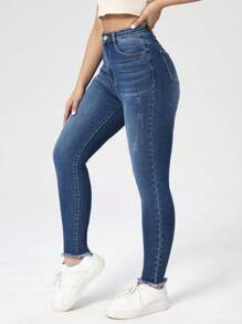SHEIN Cottnline High Waist Raw Hem Skinny Jeans - Blue - View 5