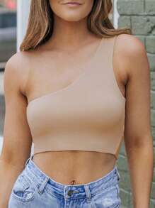 DOKOTOO Một bờ vai Chất rắn Top Cây trồng - Màu Khaki - Xem 1