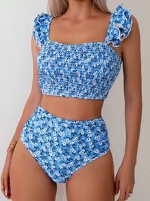 小碎花印花褶饰荷叶边比基尼套装夏季海滩