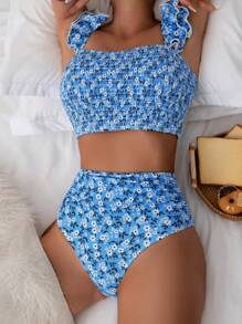 小碎花印花褶饰荷叶边比基尼套装夏季海滩