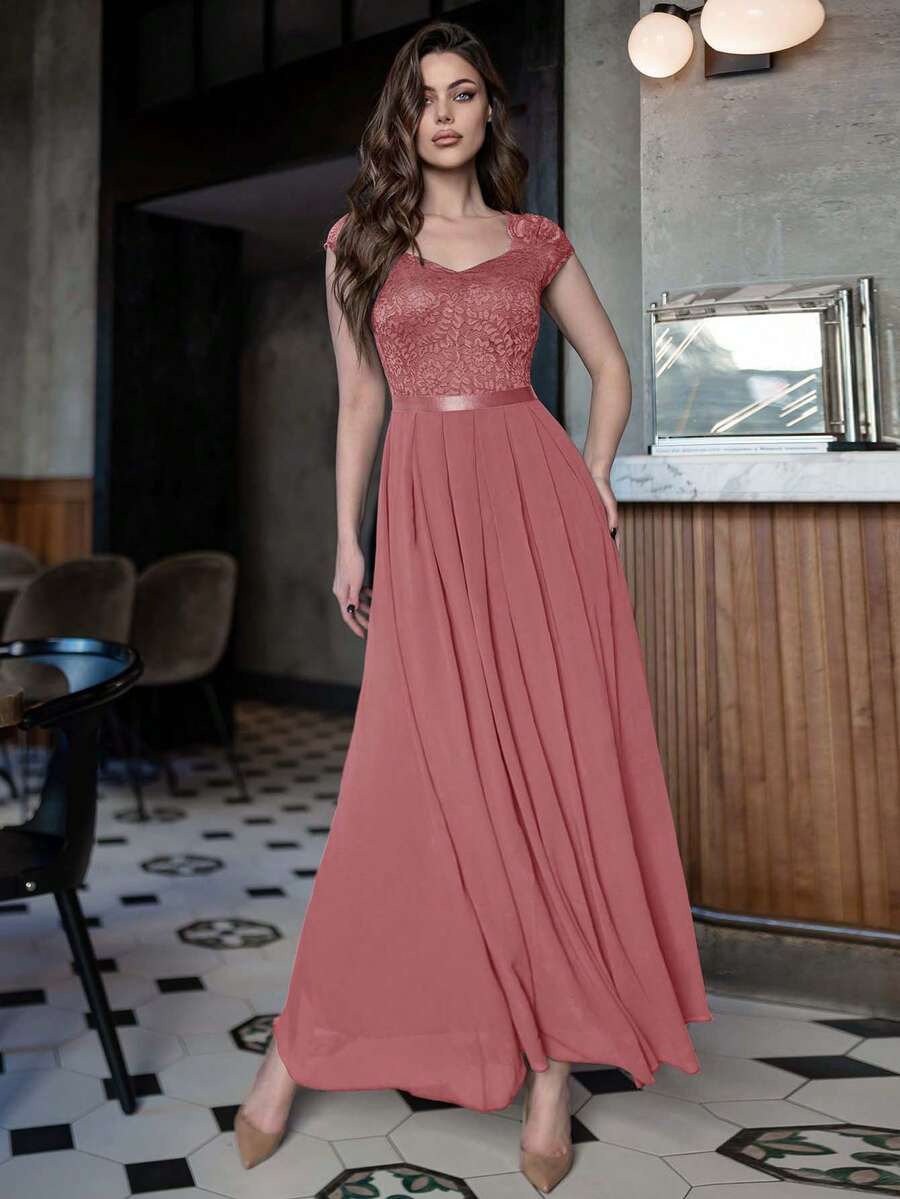 MIUSOL Sweetheart Neck Lace Panel Formal Party Dress - Dusty Pink - View 1