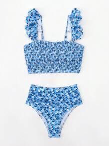 小碎花印花褶饰荷叶边比基尼套装夏季海滩