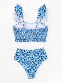 小碎花印花褶饰荷叶边比基尼套装夏季海滩