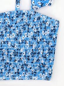 小碎花印花褶饰荷叶边比基尼套装夏季海滩