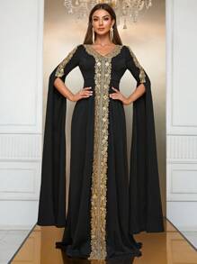 YISIKADO Contrast Sequin Appliques Split Sleeve Dress - Black - View 1