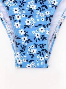 小碎花印花褶饰荷叶边比基尼套装夏季海滩