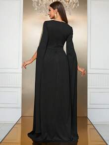 YISIKADO Contrast Sequin Appliques Split Sleeve Dress - Black - View 2