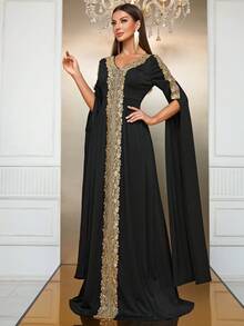 YISIKADO Contrast Sequin Appliques Split Sleeve Dress - Black - View 3