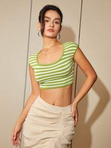 Striped Pattern Crop Knit Top - Multicolor - View 1
