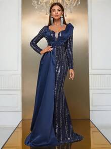 YISIKADO Contrast Sequin Draped Detail Floor Length Formal Dress - Navy Blue - View 1