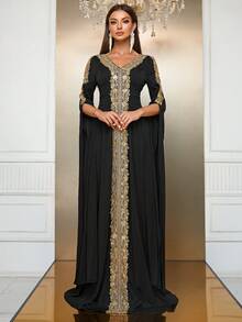 YISIKADO Contrast Sequin Appliques Split Sleeve Dress - Black - View 6