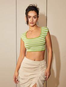 Striped Pattern Crop Knit Top - Multicolor - View 4