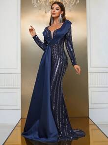 YISIKADO Contrast Sequin Draped Detail Floor Length Formal Dress - Navy Blue - View 4