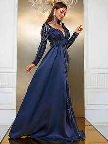 YISIKADO Contrast Sequin Draped Detail Floor Length Formal Dress - Navy Blue - View 5