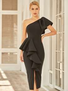 One Shoulder Ruffle Trim Split Hem Bodycon Dress - Black - View 1