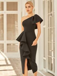 One Shoulder Ruffle Trim Split Hem Bodycon Dress - Black - View 3