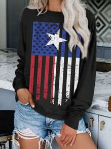 American Flag Print Raglan Sleeve Sweatshirt - Black - View 1