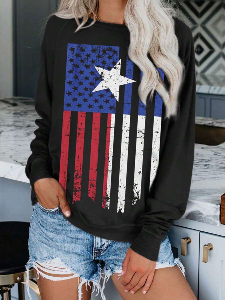 American Flag Print Raglan Sleeve Sweatshirt - Black - View 1