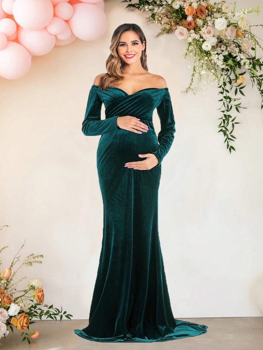 Maternity Elengant Velvet V-Neck Long Sleeve Slim Dress For Baby Shower Photoshoot