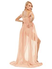 JustVH 孕妇装露肩开衩下摆连衣裙，适合孕妇拍摄 - 珊瑚粉 - 查看 2