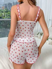 Pyjama Set mit Erdbeere Muster, Wellensaum, Schleife vorne,